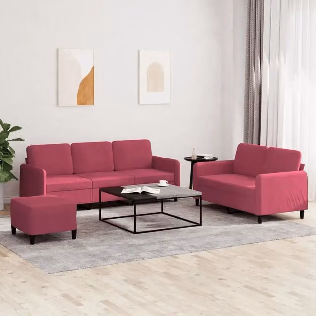 Set di divani vidaXL in velluto rosso composto da divano a 3 posti, divano a 2 posti e pouf con cuscini inclusi