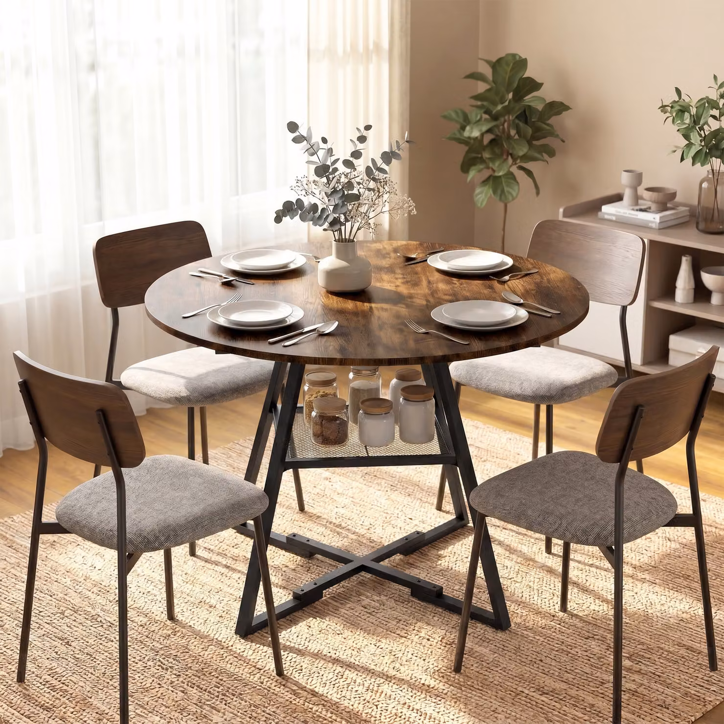 Tavolo da pranzo rotondo HOMCOM in stile industriale con ripiano portaoggetti, per 4 persone, marrone e nero, Diametro: 100 cm – 2