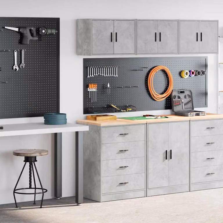 Set di 2 armadi da garage vidaXL in legno grigio stile industriale con ante a battente e cassetti interni