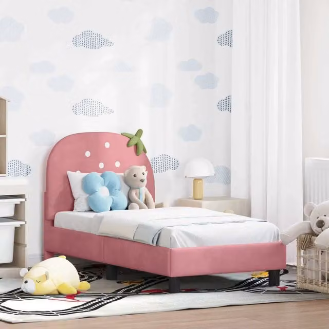 Struttura letto moderna per bambini con testata imbottita in velluto Rosa L: 140 cm, P: 70 cm, H: 79 cm – 1