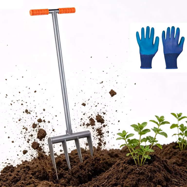 Solidchoice - Forcella per vangare adatta a terreni duri, con 4 denti e guanti inclusi