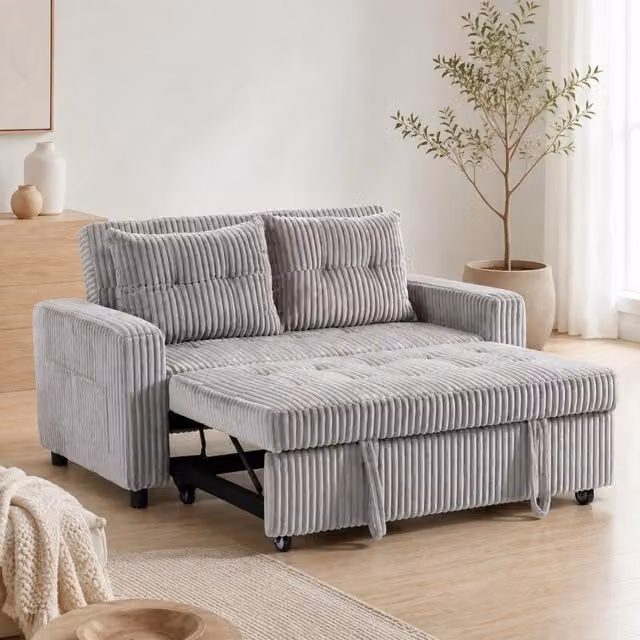 Desviae Divano letto a 2 posti 3 in 1 in poliestere grigio chiaro con schienale regolabile 2 cuscini e tasche laterali