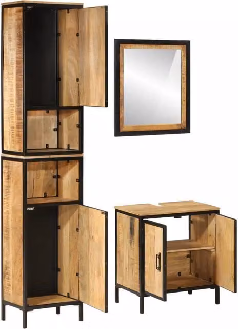 Set Mobili da Bagno 3 Pezzi vidaXL in Legno di Mango e Metallo Marrone Stile Industrial con Mobile Lavabo, Pensile e Specchio – 1