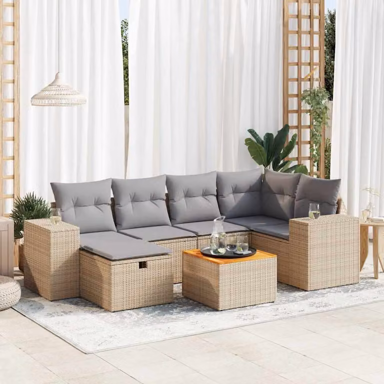 Set Divani da Giardino vidaXL 7 pz in Polyrattan con Cuscini Beige e Tavolino, Design Moderno a L per Terrazza e Giardino