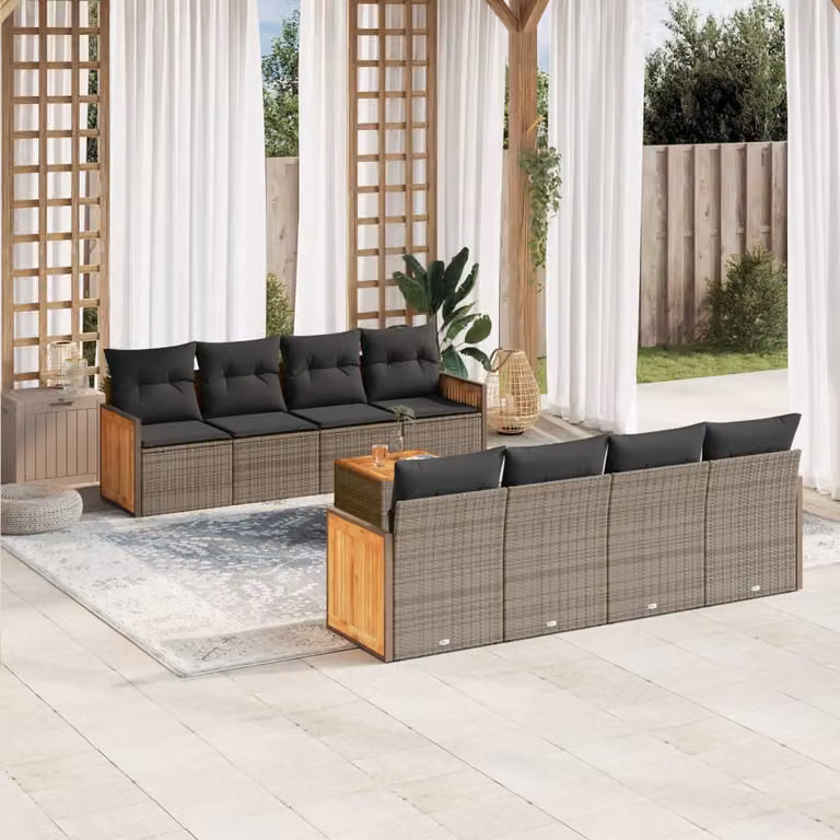 vidaXL Set Divano da Giardino a Forma di U in Polyrattan Grigio con 9 Pezzi e Cuscini