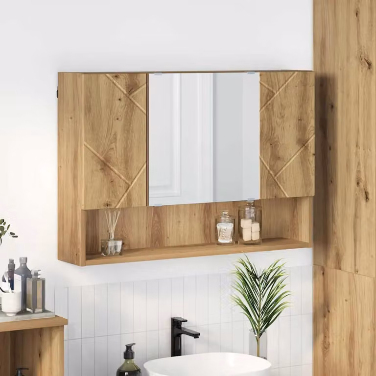Mobiletto per specchio vidaXL in rovere moderno con ante a battente e ripiani interni, colore marrone, L: 80 cm, P: 17 cm, H: 55 cm