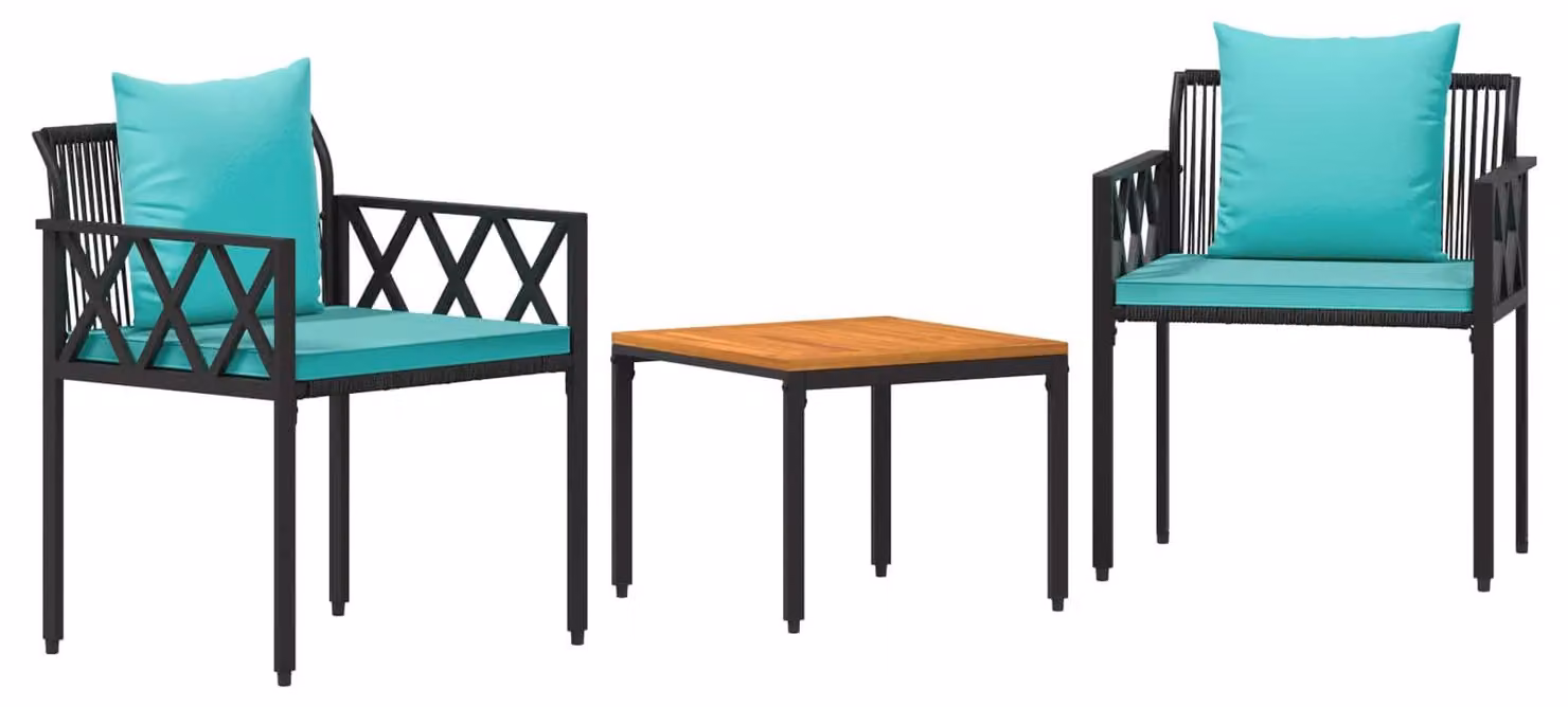 Set di mobili da giardino, 3 pezzi, colore nero e turchese, in rattan sintetico