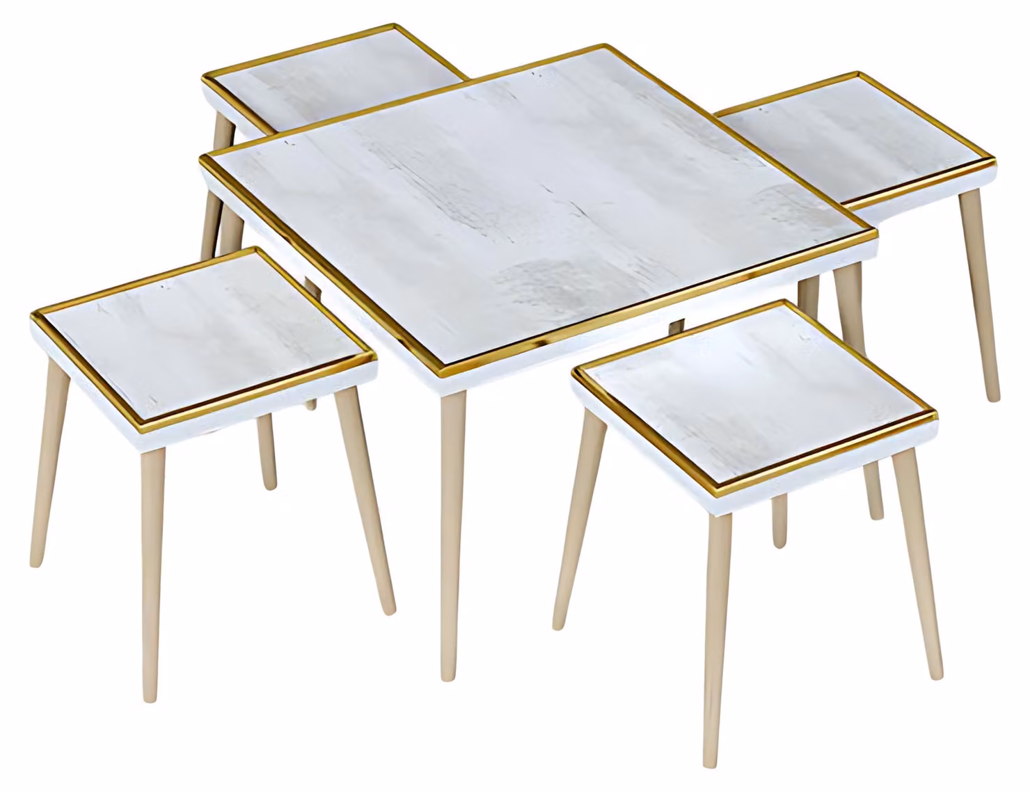 Weiße Holz- und Edelstahl-Couchtisch mit Beistelltischen im modernen