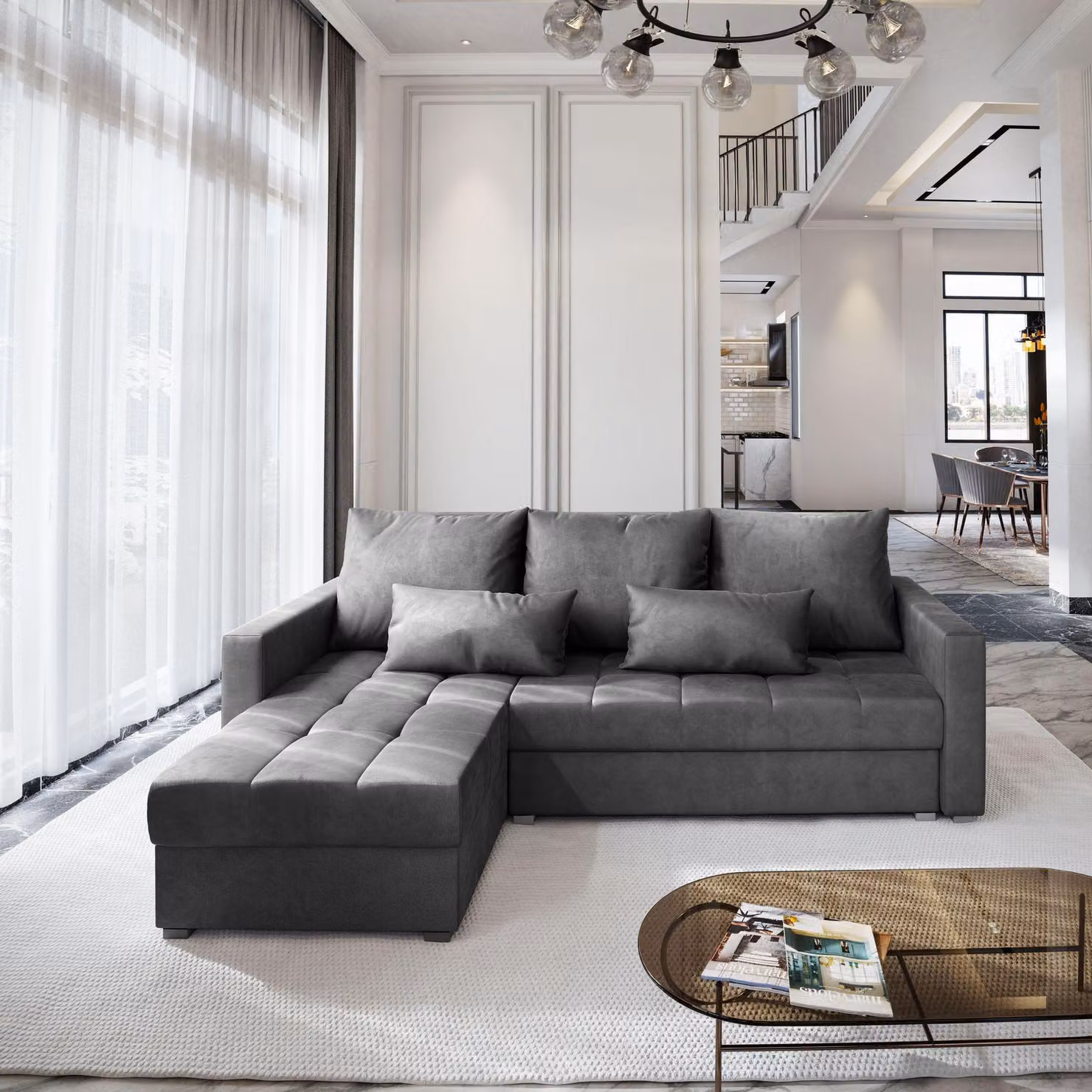 Divano angolare Masseno KOS PIK M con funzione letto a L, divano con box letto, divano da soggiorno, divano, divano, divano letto, set di divani - grigio, MONOLITH 85