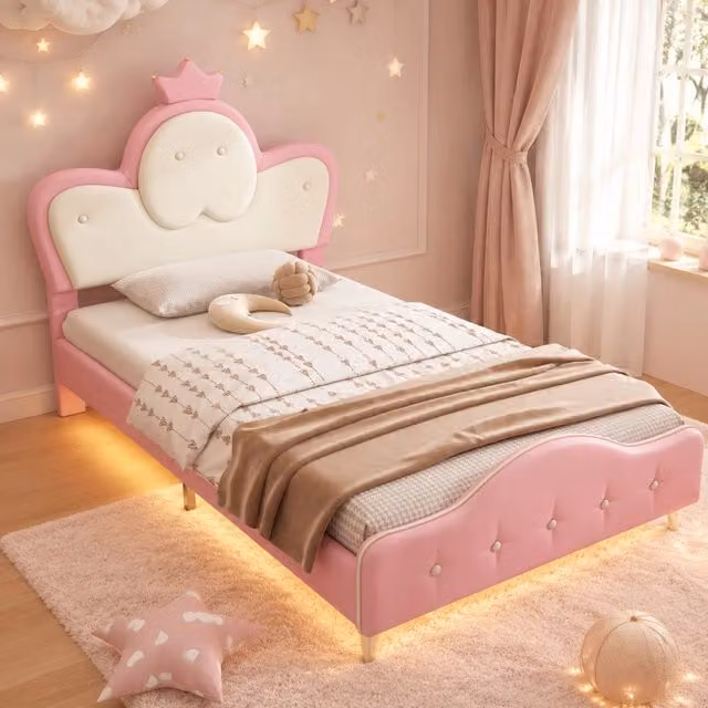 Letto singolo imbottito ULEVR 90x200 cm con LED, testiera a corona e rivestimento in PU rosa e bianco