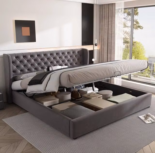 Letto matrimoniale 180x200 cm con contenitore idraulico in velluto; grigio