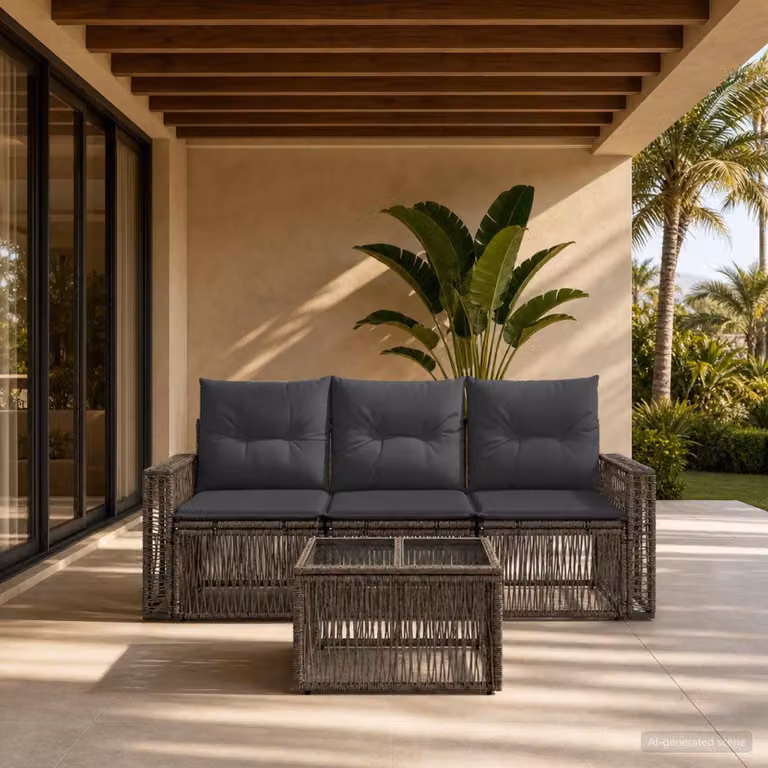 Set Divano da Giardino vidaXL 4 Pezzi in Polyrattan Grigio e Antracite con Tavolino e Cuscini Imbottiti