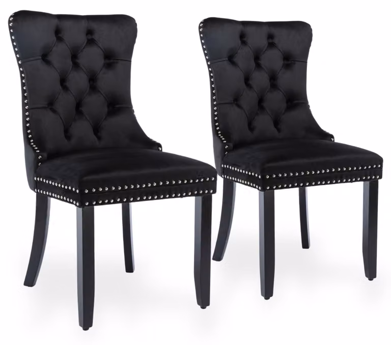 Set di 2 poltrone da pranzo in velluto, con schienale alto e struttura in legno di gomma, colore nero