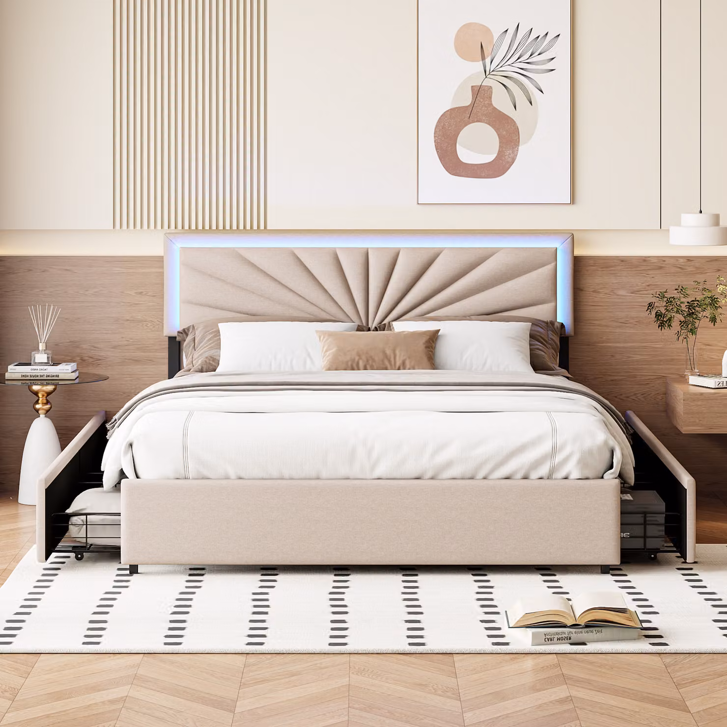 CDGlobal letto imbottito 160x200cm con illuminazione a LED, letto matrimoniale con 4 cassetti e rete a doghe, letto per ragazzi letto funzionale letto per adulti in lino, beige