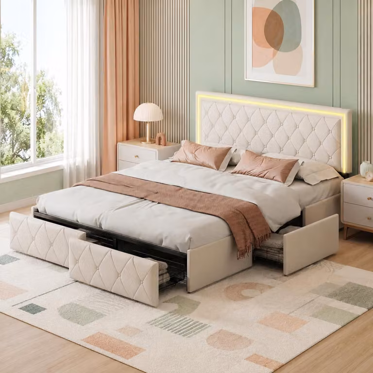 Letto imbottito matrimoniale INONEFT, 160x200 cm, con contenitore e 4 cassetti, struttura letto per ragazzi con rete a doghe, poggiatesta regolabile con LED, rivestito in PU, colore beige