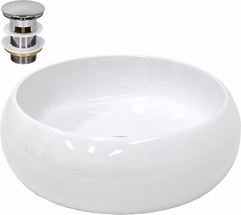 Lavabo LuxeBath Lavabo da appoggio rotondo, Ø 35x12 cm, bianco, in Vetroceramica, incl. set di scarico senza troppopieno