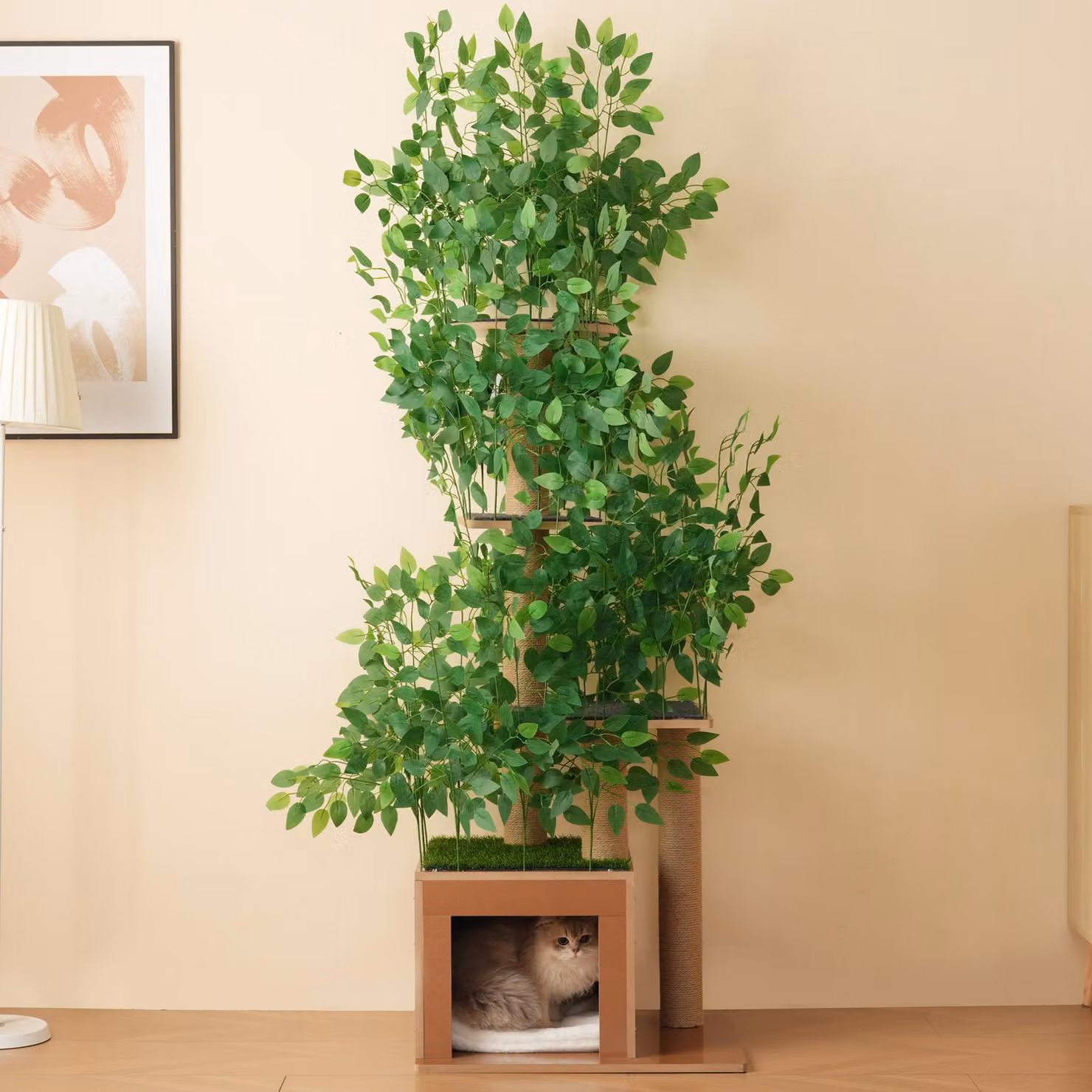 okwish Tiragraffi a forma di albero con 4 piattaforme e fori per gatti, poltrona per gatti con foglie rimovibili, poltrona per gatti in MDF resistente all'acqua e durevole, verde
