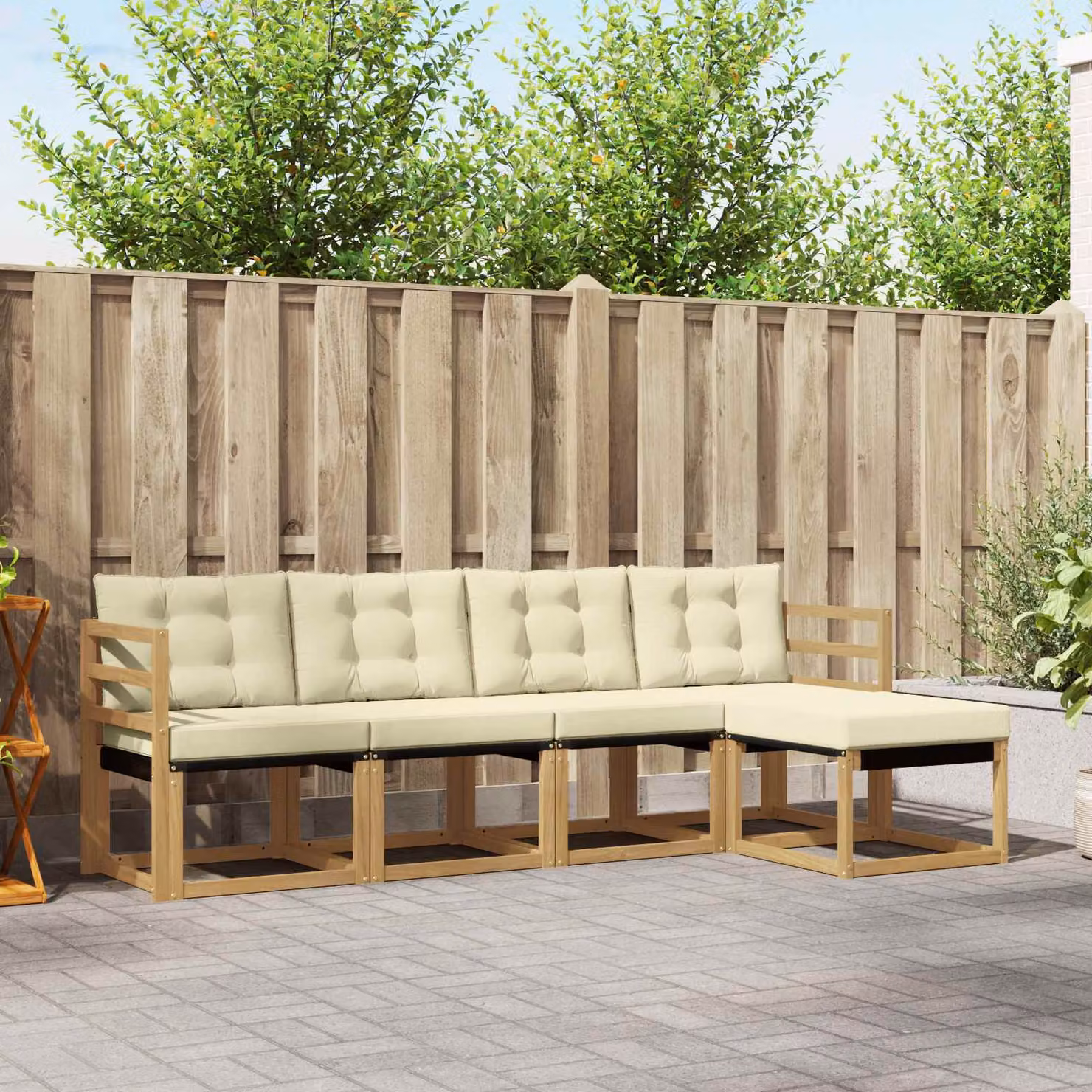 Set di divani da esterno vidaXL a forma di L composto da 5 pezzi in legno di acacia con cuscini in tessuto textilene, colori bianco, beige e marrone