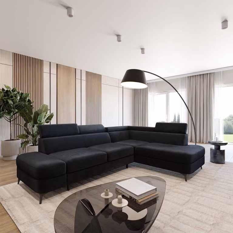 Divano ad angolo Masseno AVISE M R-S con funzione letto a L, divano con contenitore, divano da salotto, divano, divano letto, set divani - Nero, MONOLITH 95