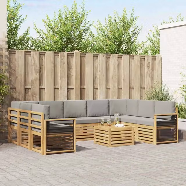 Set di divani da esterno vidaXL a forma di L con tavolo da caffè, composto da 10 pezzi in legno di acacia trattato, colori bianco e grigio