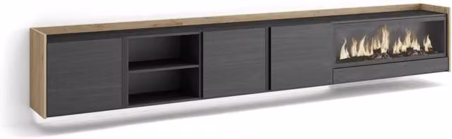 Mobile TV Soggiorno, 315x50x35 cm, Per TV fino a 80", Camino elettrico XXL, Sospeso, da appendere, LED, Nero e rovere
