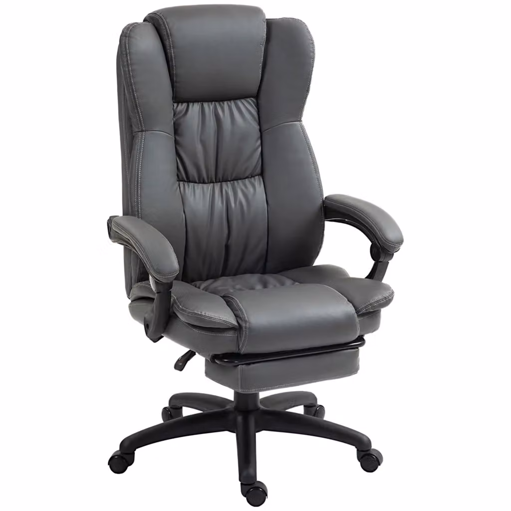 Sedia da Ufficio Girevole con Massaggio a 6 Punti, Poggiapiedi, Poggiatesta e Schienale Reclinabile in Similpelle Grigio Scuro L/P/H: 68,5 x 68,5 x 113-121 cm – 2