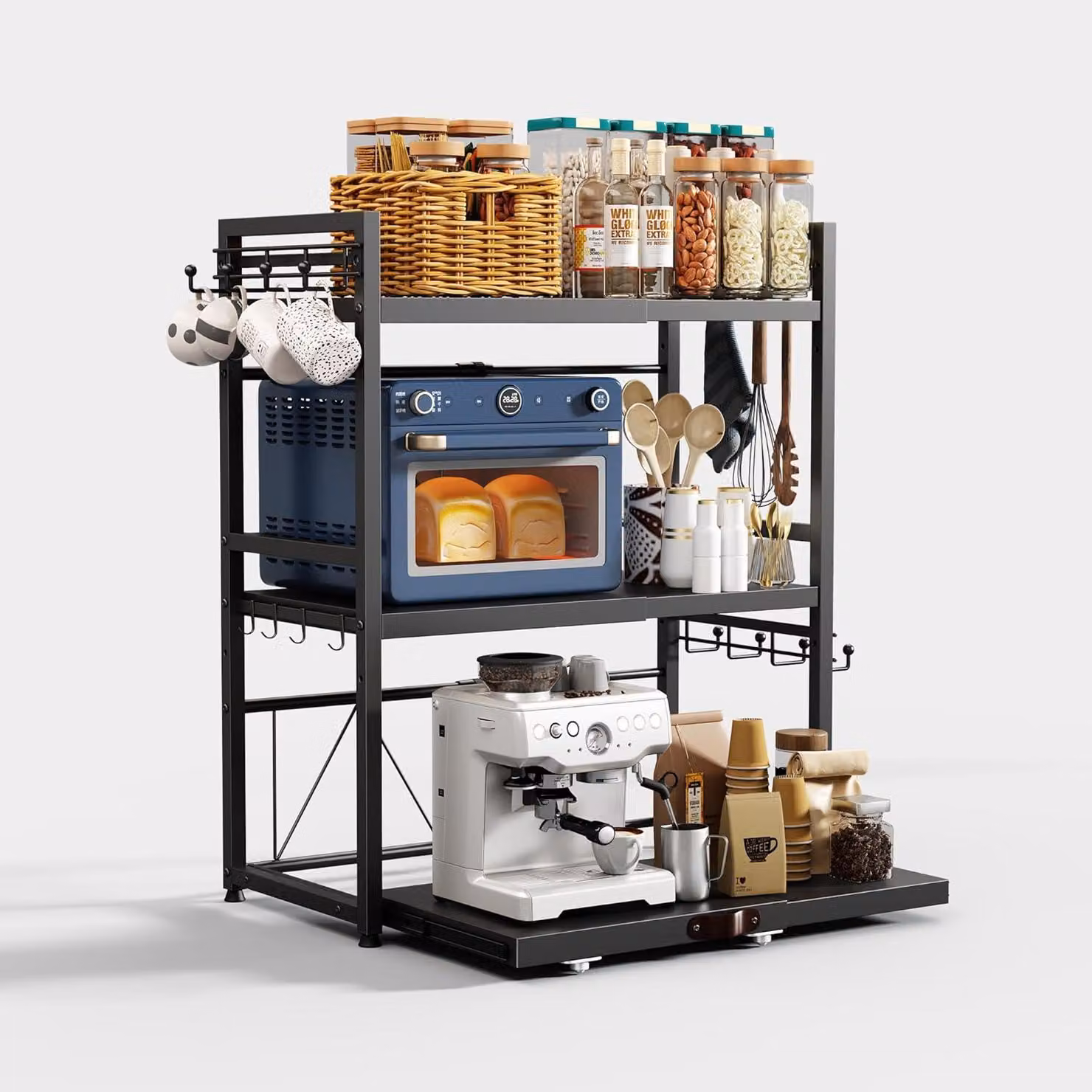 Ripiano regolabile per microonde, a 3 livelli, da 40 a 60 cm, con portabicchieri, ideale per la cucina