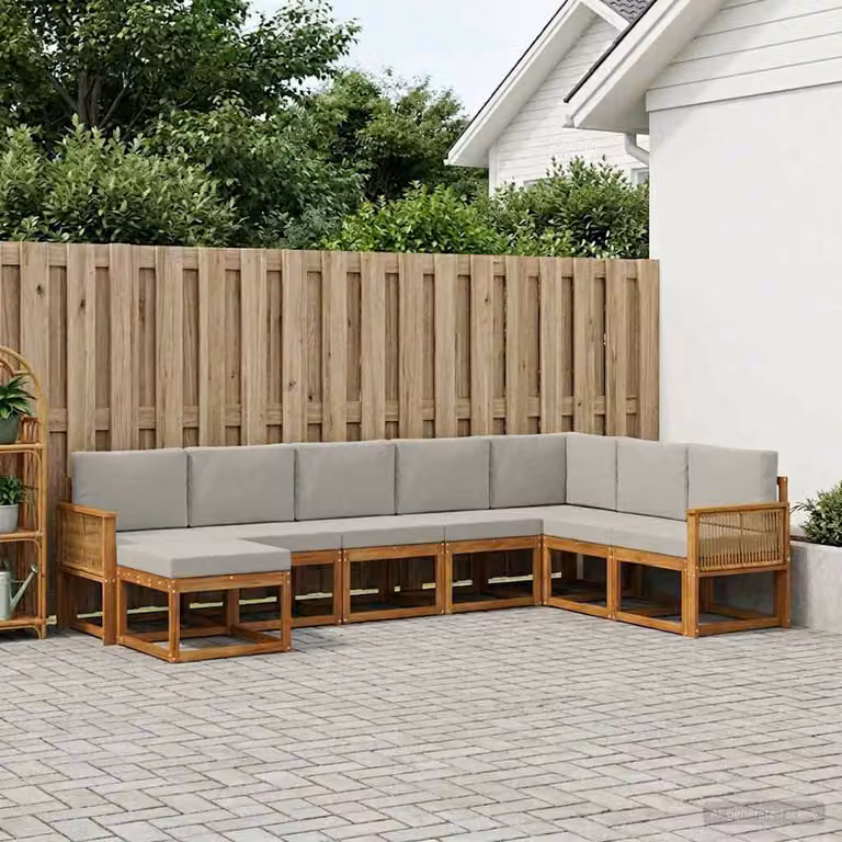 Set di divani da esterno vidaXL 8 pz in legno di acacia con cuscini, composizione a L, colori beige, grigio e marrone