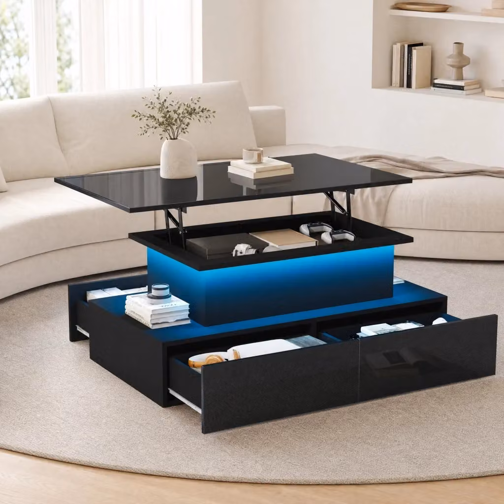 Tavolo basso moderno REDOM nero lucido con LED e meccanismo di sollevamento L/P/H: 90 x 55 x 41 cm – 2