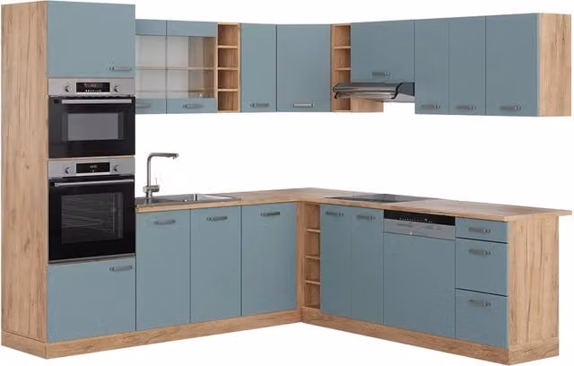 Cucina angolare moderna Vicco R-Line in legno e metallo, Grigio-blu e Rovere dorato, L: 247 cm, H: 237 cm, P: 60 cm (senza piano di lavoro) – 1