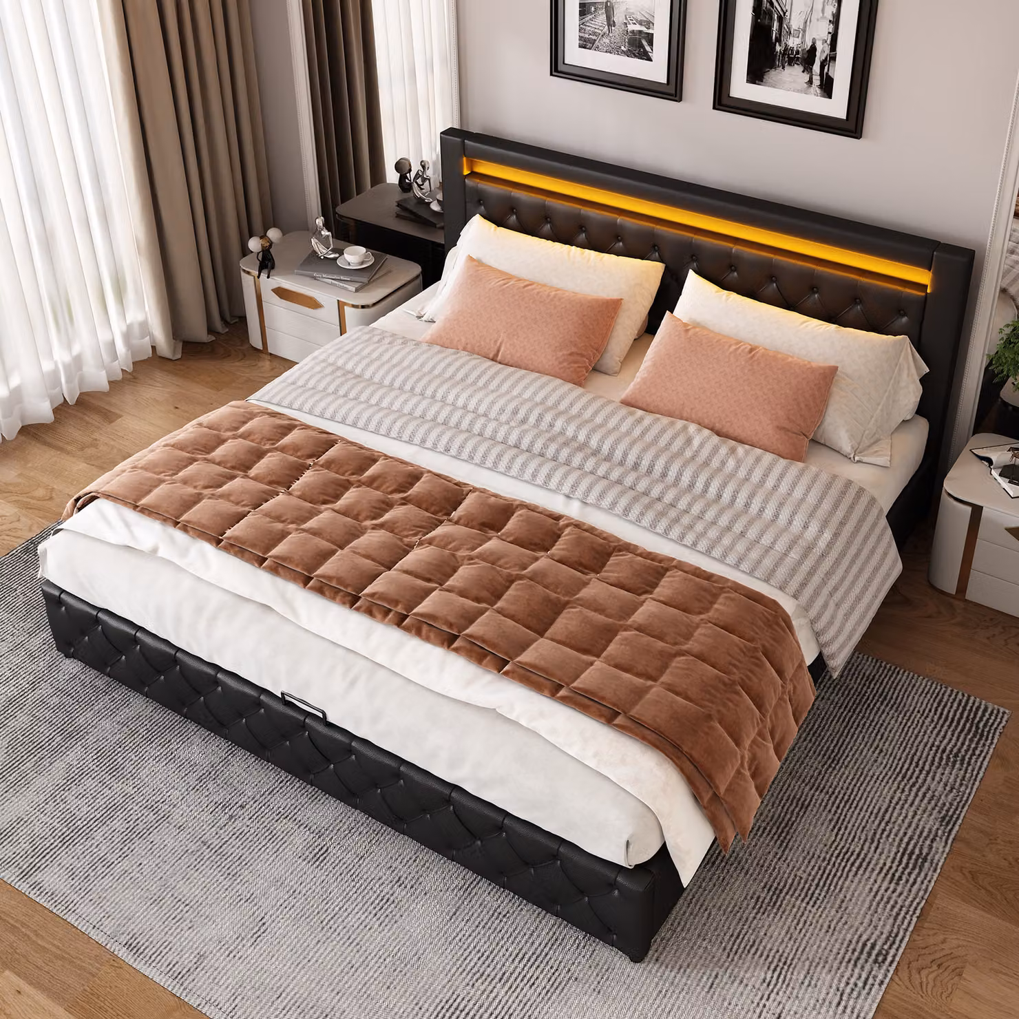 letto imbottito okwish 140 x 200 cm, letto funzionale con griglia e contenitore, con illuminazione LED, nero,Poliuretano(senza materasso)