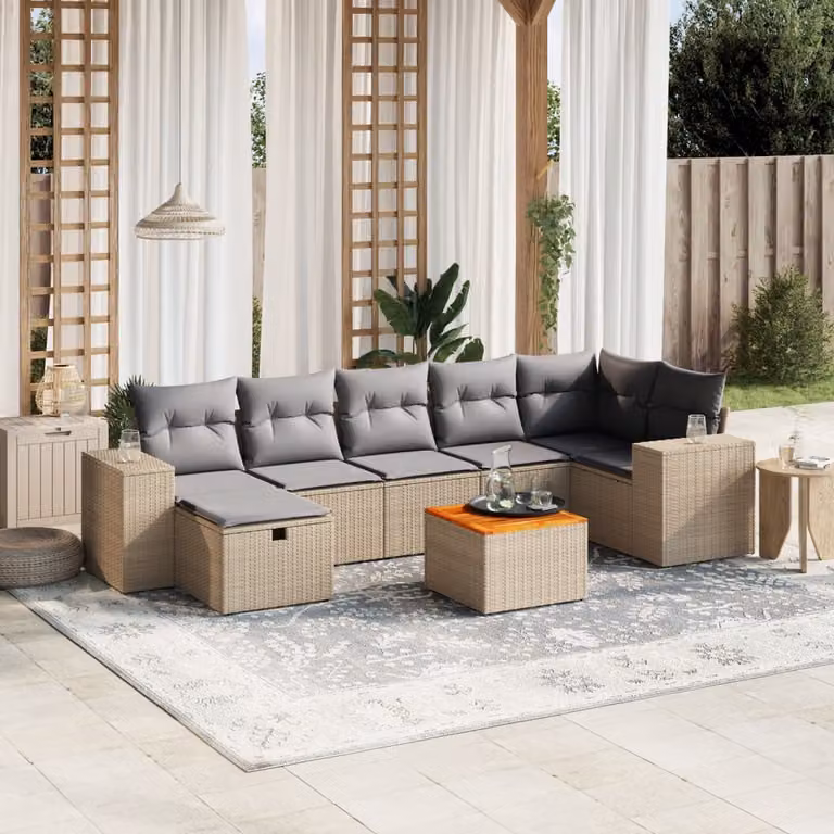 vidaXL Set Divano da Giardino a L 8 pz con Cuscini Beige e Grigio in Polyrattan e Acciaio