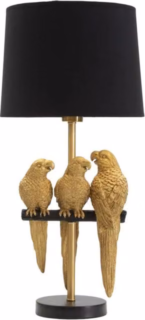 Lampada da tavolo Pappagalli in resina dorata con paralume in tessuto nero e base in metallo