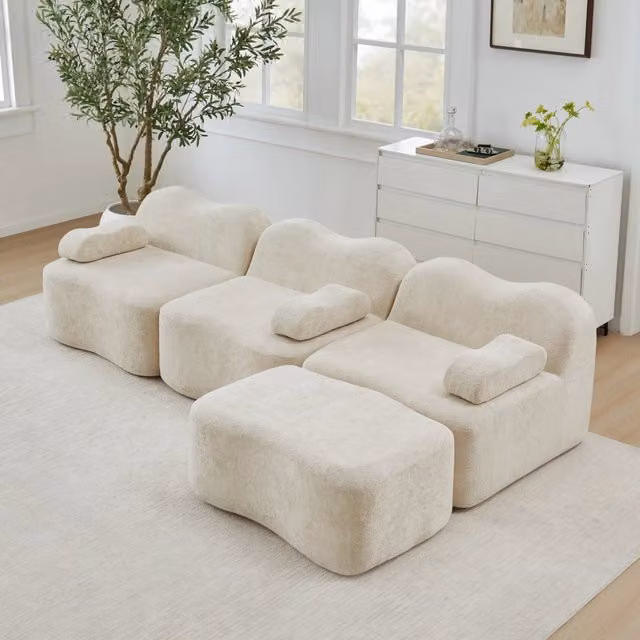 Divano modulare angolare 288x167x70 cm con pouf; seduta profonda in velluto beige