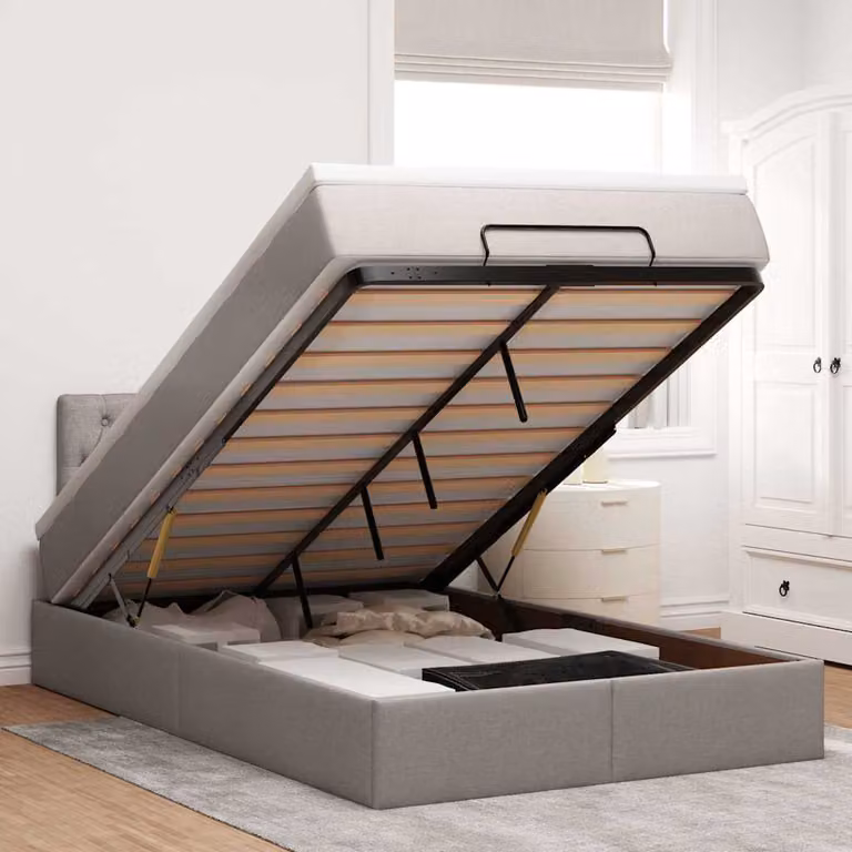 Letto con contenitore a sollevamento vidaXL in tessuto beige e grigio L/P/H: 120 x 200 x 88 cm