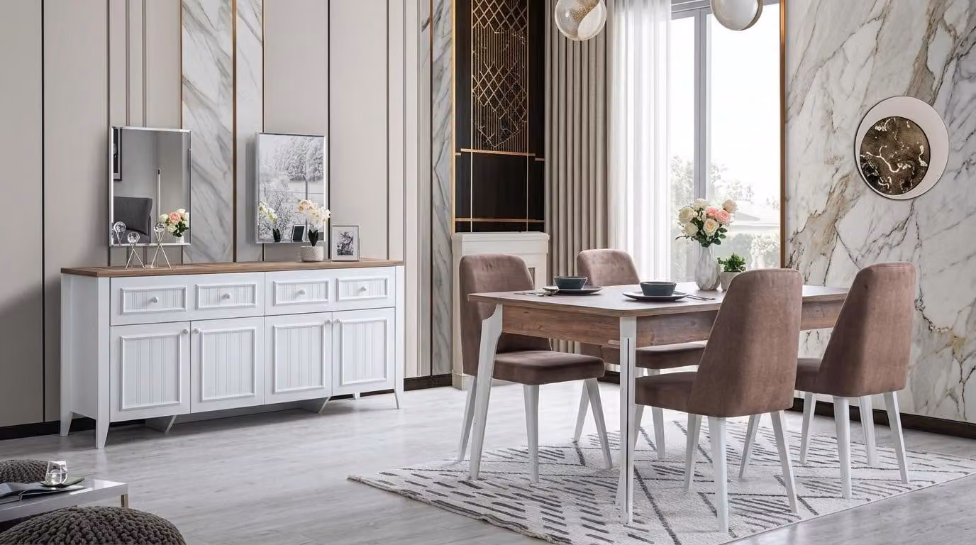 Set per sala da pranzo: tavolo, 4 sedie, credenza, specchio, stile moderno, colore marrone