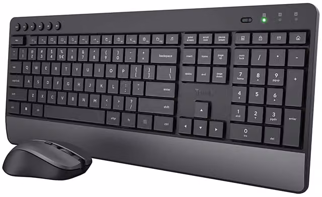Set tastiera e mouse Trust Trezo Wireless con tecnologia Bluetooth e Wi-Fi, membrane, nero e grigio