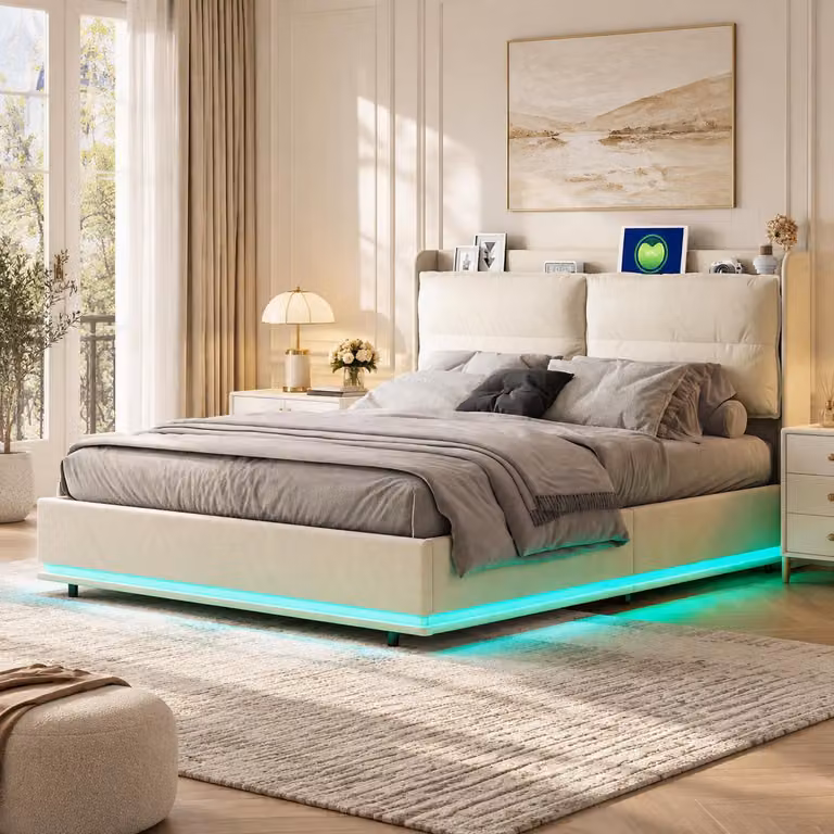 Letto imbottito INONEFT, 160x200 cm, con illuminazione LED, letto per ragazzi con testiera contenitore e ricarica wireless, letto con sistema di sollevamento idraulico, rivestito in velluto color beige