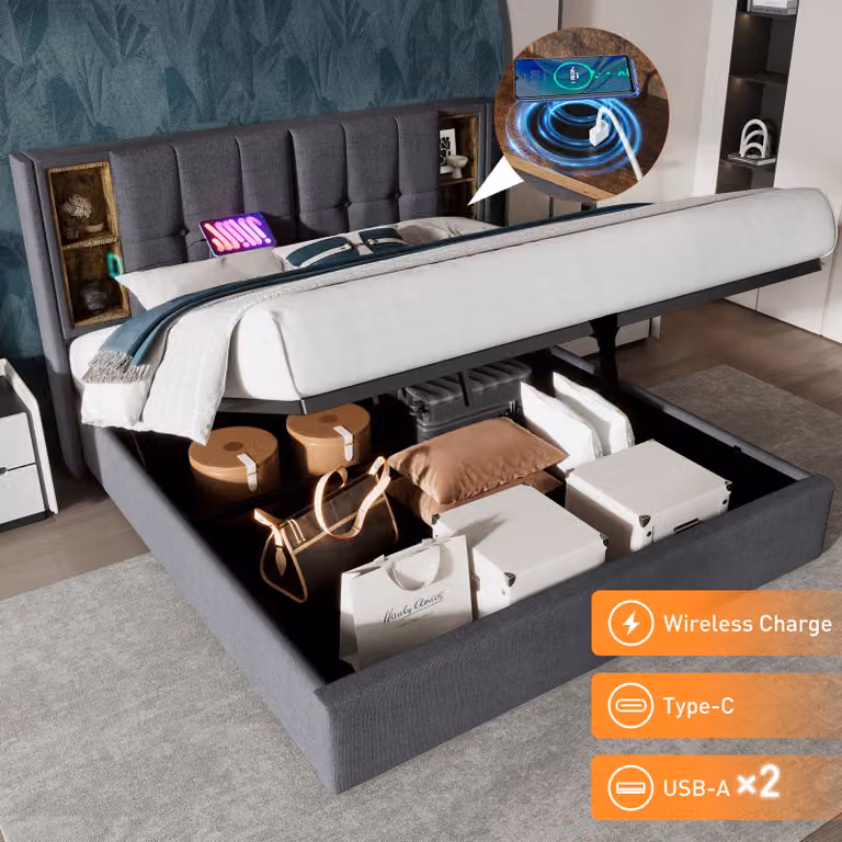 Letto matrimoniale Sweiko con ricarica wireless USB C, rete imbottita 160x200cm, rete con contenitore a doghe in legno-cotone grigio (senza materasso)