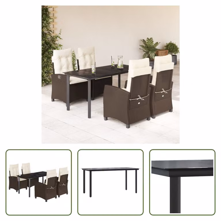 The Living Store Set da pranzo da giardino 5 pezzi con cuscini in polirattan marrone