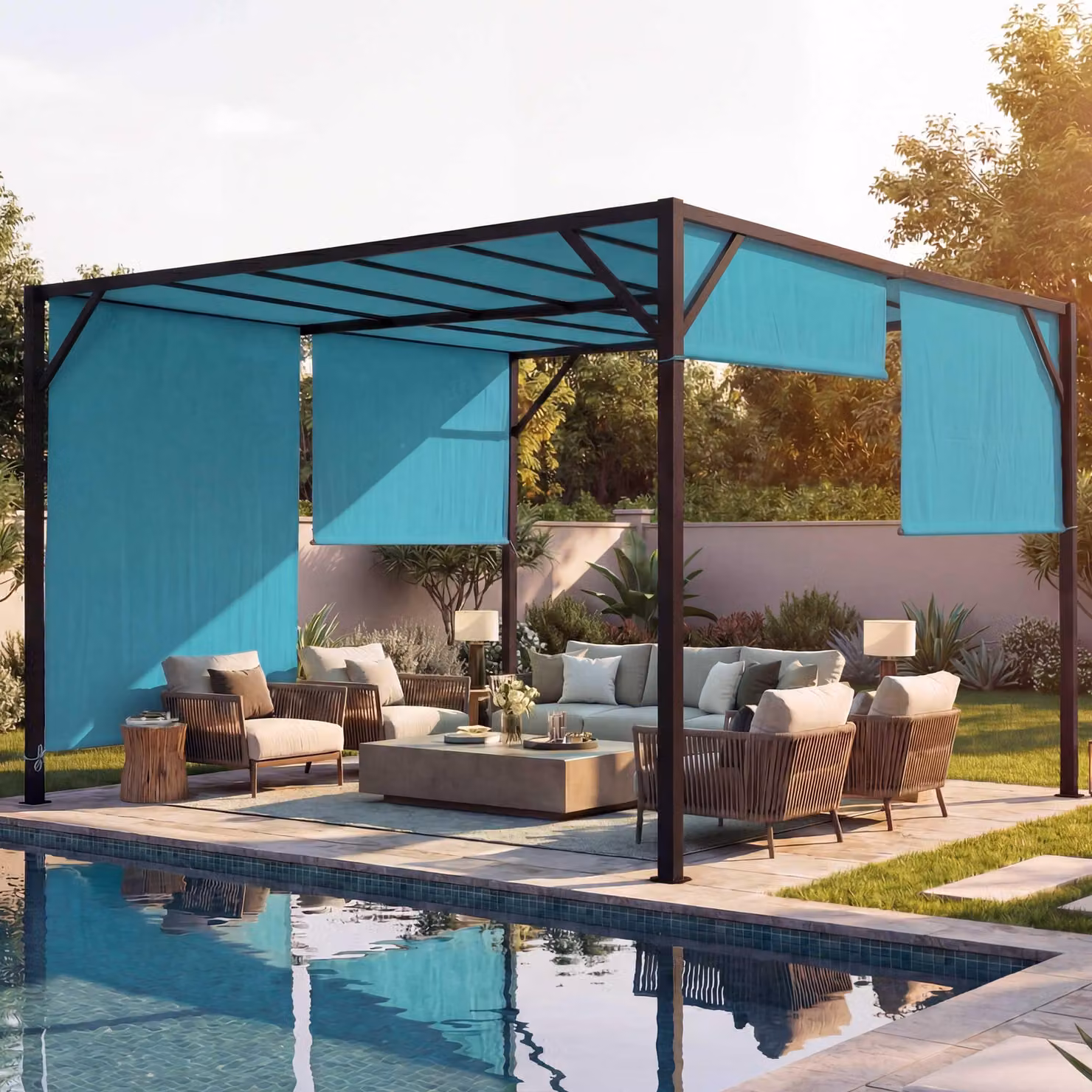 Pergola Baia, copertura per patio a padiglione da giardino, robusta struttura in acciaio da 6 cm + tetto scorrevole blu turchese ~ 3x4m