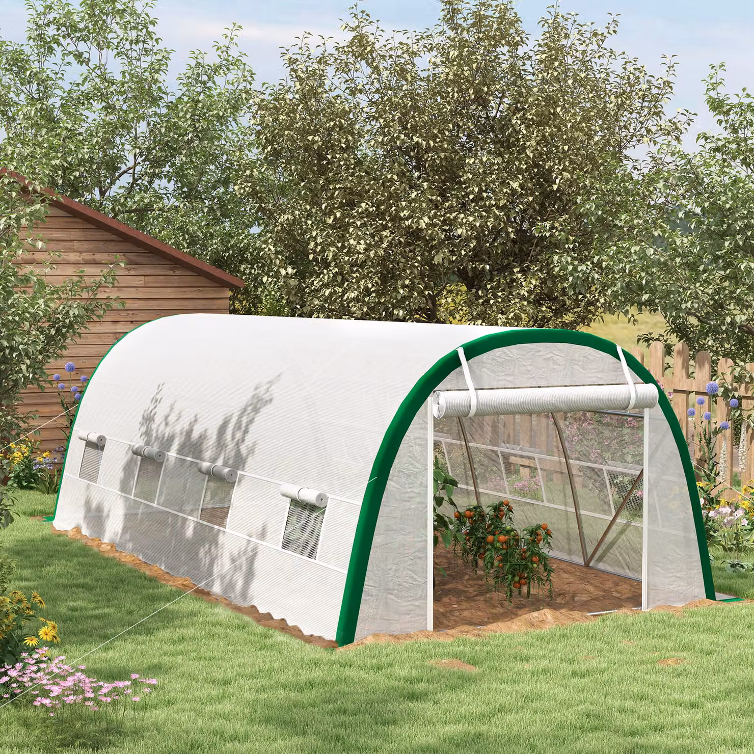 Serra da giardino a tunnel Outsunny da 18 m2 con 8 finestre e zip arrotolabile, struttura in acciaio zincato e telo in PE, Bianco, L: 6 m x P: 3 m x H: 2 m – 2