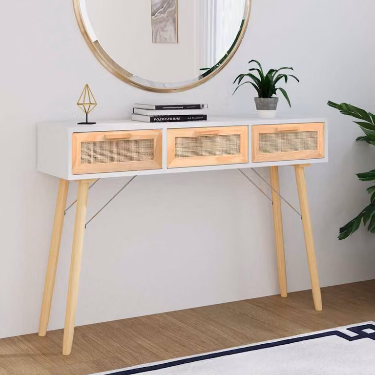 vidaXL Tavolo Consolle in Legno di Pino Massello e Rattan Naturale Bianco L 105 cm, P 30 cm, H 75 cm