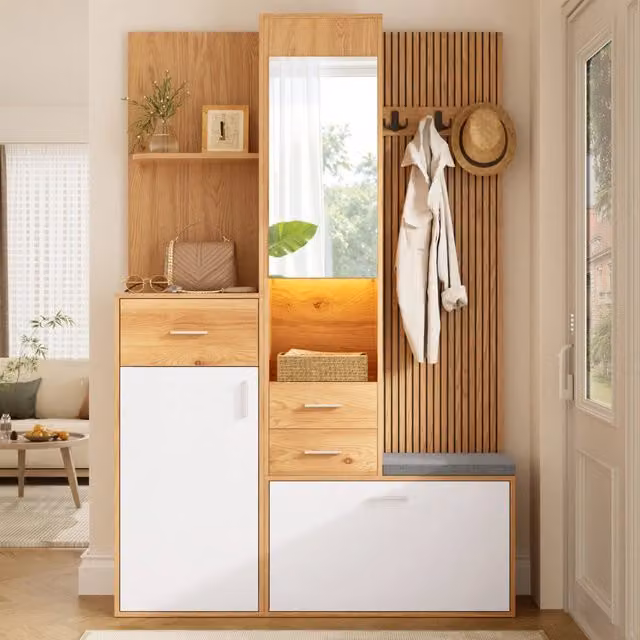 Garderoba multifunzionale da ingresso 120x32x178 cm con specchio; LED; seduta; bianco e naturale