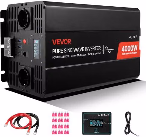 Inverter di Corrente VEVOR da 4000 W a Onda Sinusoidale Pura, Convertitore da 12 V CC a 230 V CA con Display LCD, Telecomando, Porte USB e Tipo C, Colore Nero