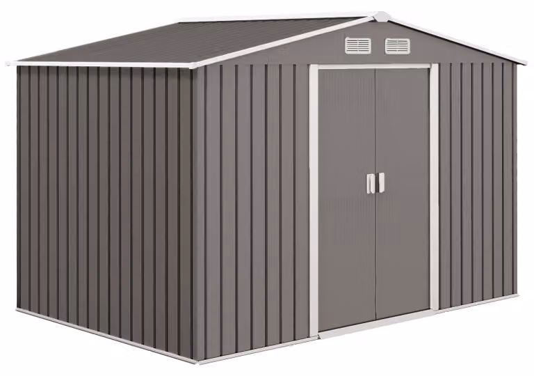 Struttura metallica Moonbite, dimensioni 277 x 195 x 192 cm, completa di base, rivestimento resistente agli agenti atmosferici, 2 porte scorrevoli, 2 aperture per finestre per lato, spazio per l'organizzazione degli attrezzi, colore grigio
