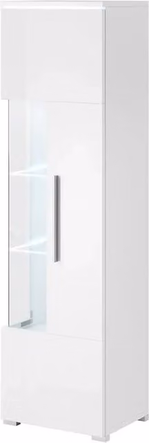Vetrina alta di design con illuminazione LED multicolore collezione BOMBAY. Colore bianco lucido. Apertura a destra.