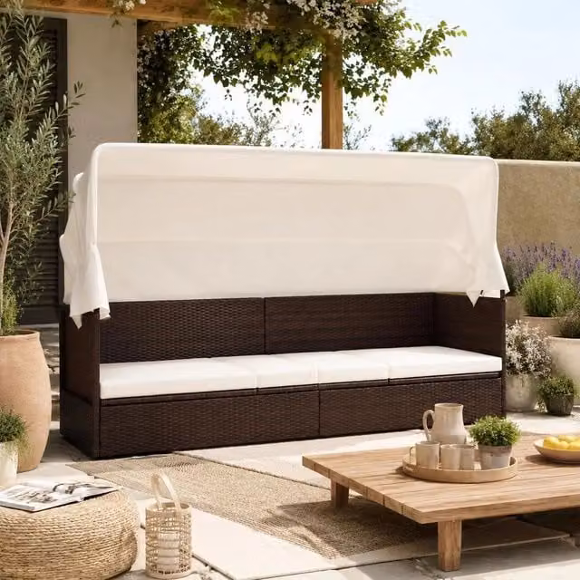 Garden Sofa With Sunshade, Poly Rattan, Brown