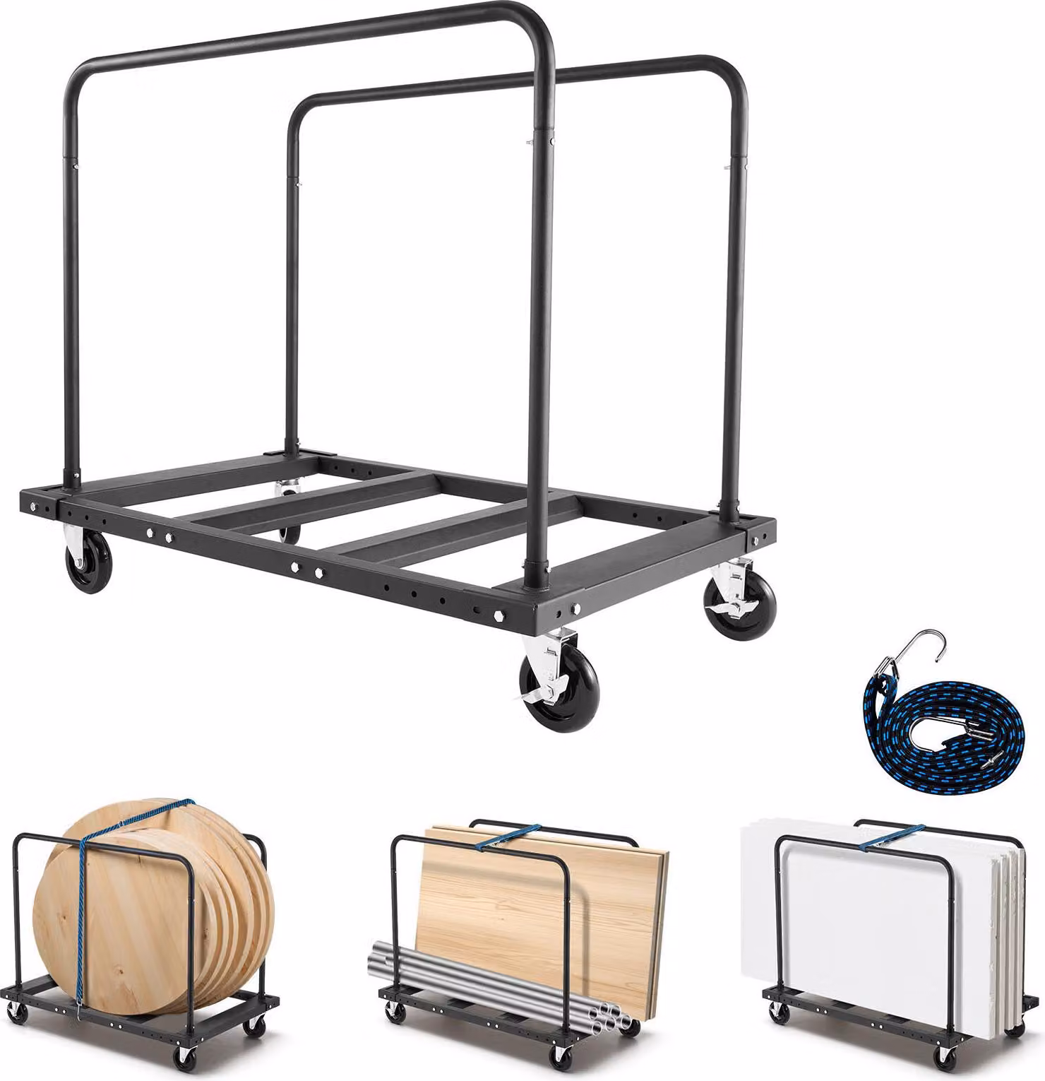 Carrello porta pannelli SucceBuy, portata 816 kg, carrello di trasporto con ruote girevoli da 12,5 mm, carrello porta pannelli, carrello porta tubi con cinghia di fissaggio e 2 corrimano laterali, ausilio di trasporto per officina, magazzino o garage, ner
