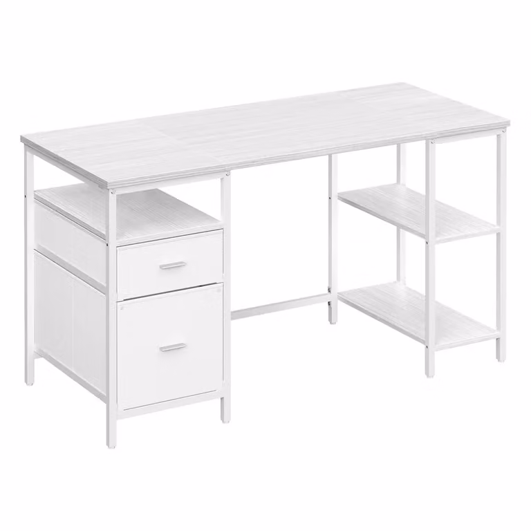 Scrivania con 3 Ripiani 2 Cassetti per Ufficio, Bianco Nuvola / 140 x 60 cm